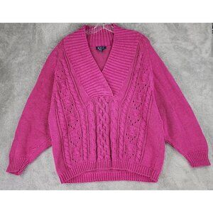 OHI Sweater Womens Large Pink Cable Knit V Neck Long Sleeve 80s Preppy Vintage